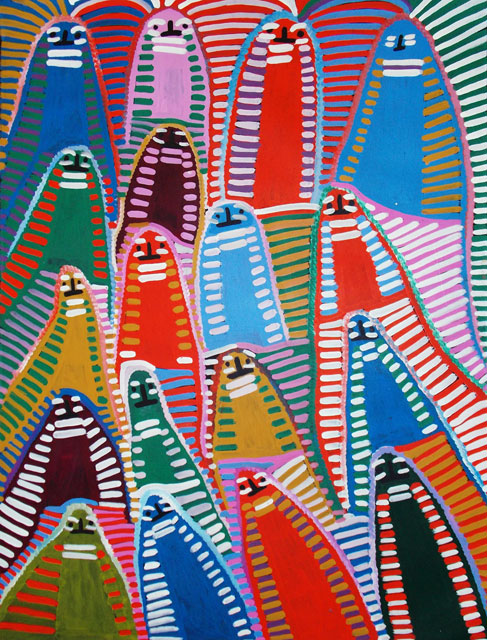 Athem areny - Dancing LadiesThere is a great deal of confusion amongst Aboriginal art collectors surrounding the identities of Angelina Ngal(e) and Angelina Pwerl(e). They are