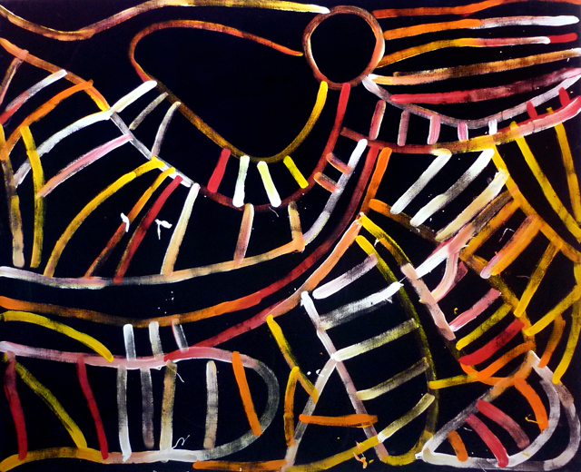 Awelye AtnwengerrpThe bold linear patterns of stripes and curves throughout Minnieâ€™s painting depicts the womens ceremonial body paint design.After smearing their bodies with animal fat