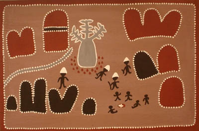 Horse Creek - Tribute to QueenieThe late Queenie McKenzie is hailed as undisputed Queen of the Kimberley Ochre Painters. She was from Texas Downs country