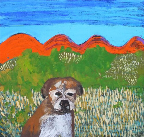 Jarntu kuja kalu nyinami Yurntumu-rla (Dogs that live in Yuendumu)This painting depicts some of the â€˜jarntuâ€™ or â€˜malikiâ€™ (dogs) that live in Yuendumu. Families in Yuendumu tend to own many dogs. They are good â€˜marlpaâ€™ (company). Many people think of their dogs as â€˜warlaljaâ€™ (family). Dogs in Yuendumu like to follow their owners around whenever they can.