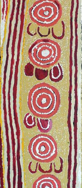 Karnta Jukurrpa (Womenâ€™s Dreaming)This painting depicts Nakamarra and Napurrurla women hunting for bush foods. The sacred site associated with this Jukurrpa is represented as a circle around which the women sit. They are looking for sweet berries that are only available at certain times of the year.