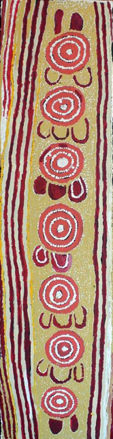 Karnta Jukurrpa (Womenâ€™s Dreaming)This painting depicts Nakamarra and Napurrurla women hunting for bush foods. The sacred site associated with this Jukurrpa is represented as a circle around which the women sit. They are looking for sweet berries that are only available at certain times of the year.
