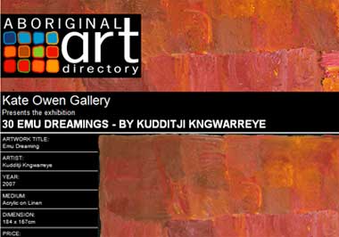 Kate Owen Gallery presents 30 Emu Dreamings by Kudditji Kngwarreye