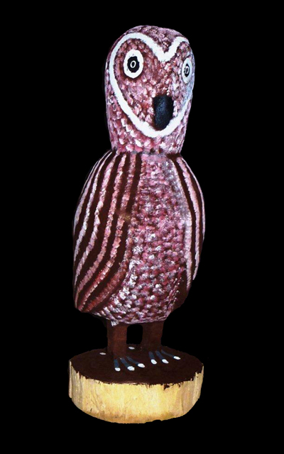 Owl (57cm)Wally Pwerle Clark is a senior Utopian artist and brother to Cowboy Louis Pwerle. His works are held in numerous collections including the National Gallery of Victoria and Powerhouse Museum in Sydney. Wally carves (typically mulga and bean woods) using a tomahawk