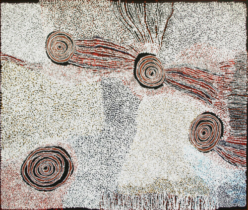 Rockholes near the OlgasBill Whiskey Tjapaltjarriâ€™s paintings deal almost exclusively with the ancestral white cockatoo dreaming story of his birthplace