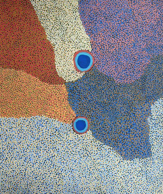 Tapu and JarrirtiThe painting depicts an aerial view of two waterholes located in the artist's country surrounding the canning stock route.