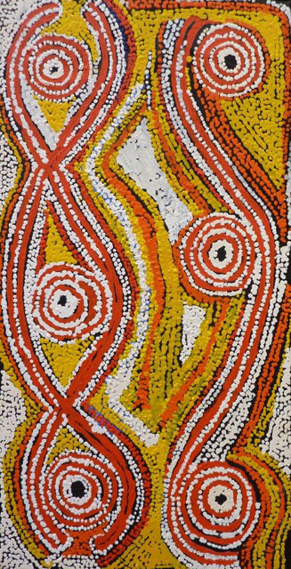 Warlu Jukurrpa (Fire Dreaming)This painting shows the traditional practices associated with burning off areas of spinifex country. The fires are lit so that â€˜liwirringkiâ€™ (burrowing skinks)