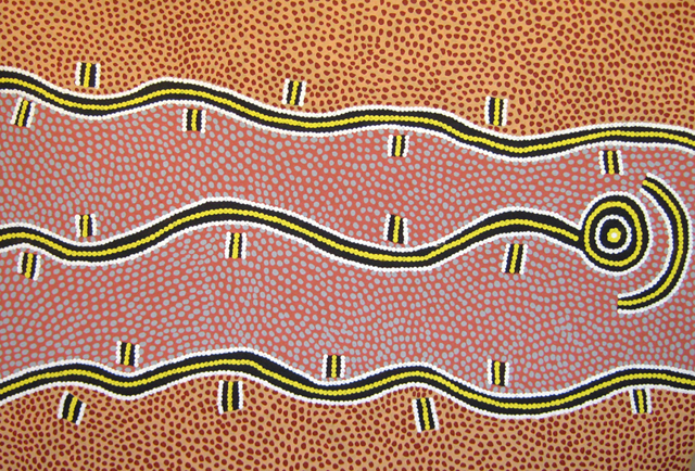 Water DreamingIn this painting Long Jack depicts the site of Kalimpinpa in the desert of Central Australia.