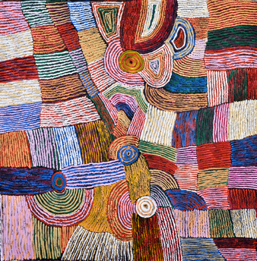 Women's HairstringLayers of colours represent the hair which is rolled on the womenâ€™s thighs to make hairstring for use in bags and clothing. The concentric circles in the centre of the painting represent sites of significance for the artists and her family.